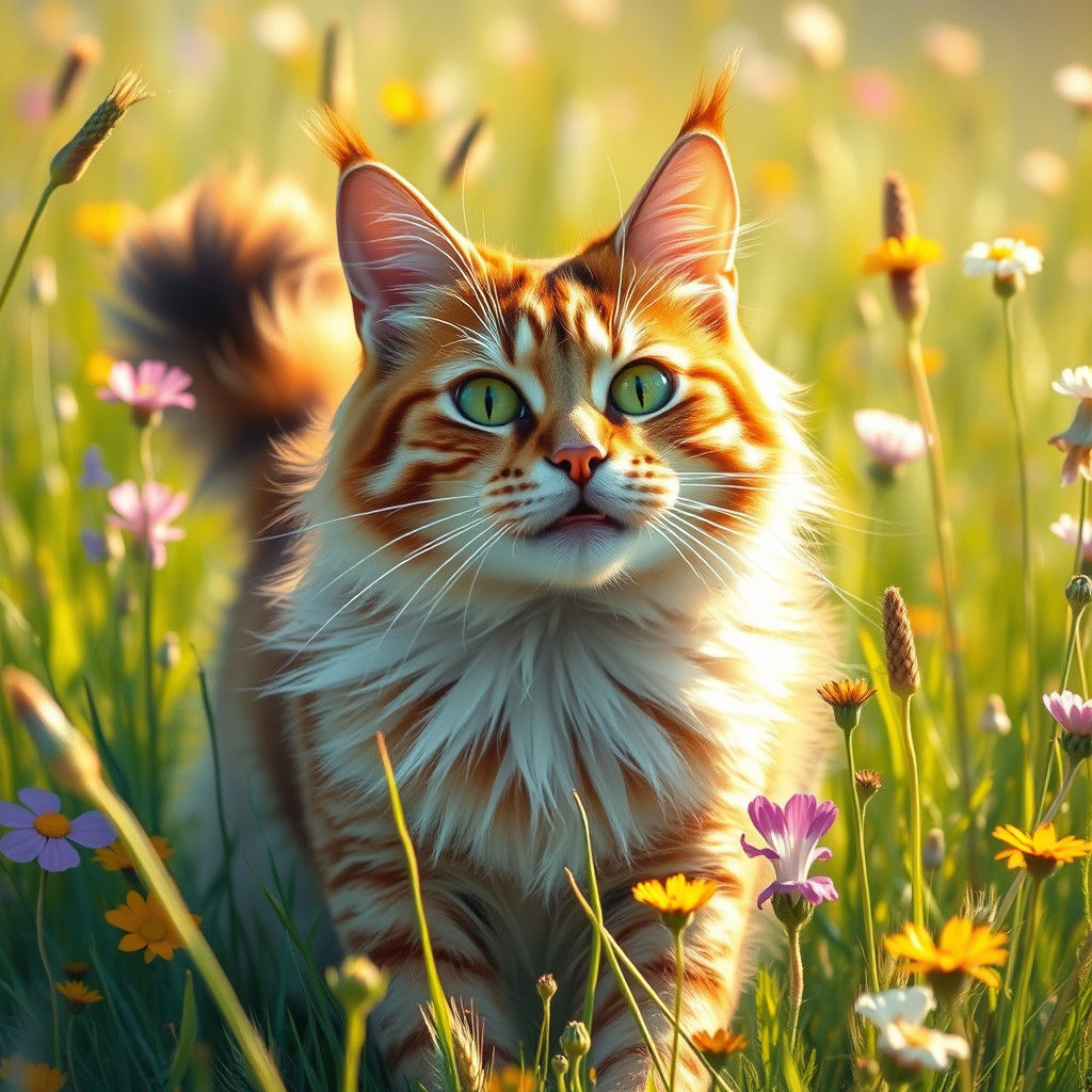 Majestic Cat in Meadow, Impressionist Style