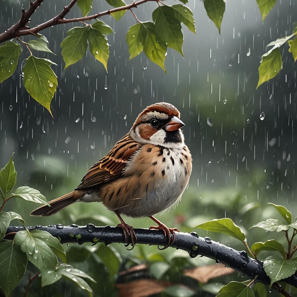 Sparrow Sheltering from Rain Illustration
