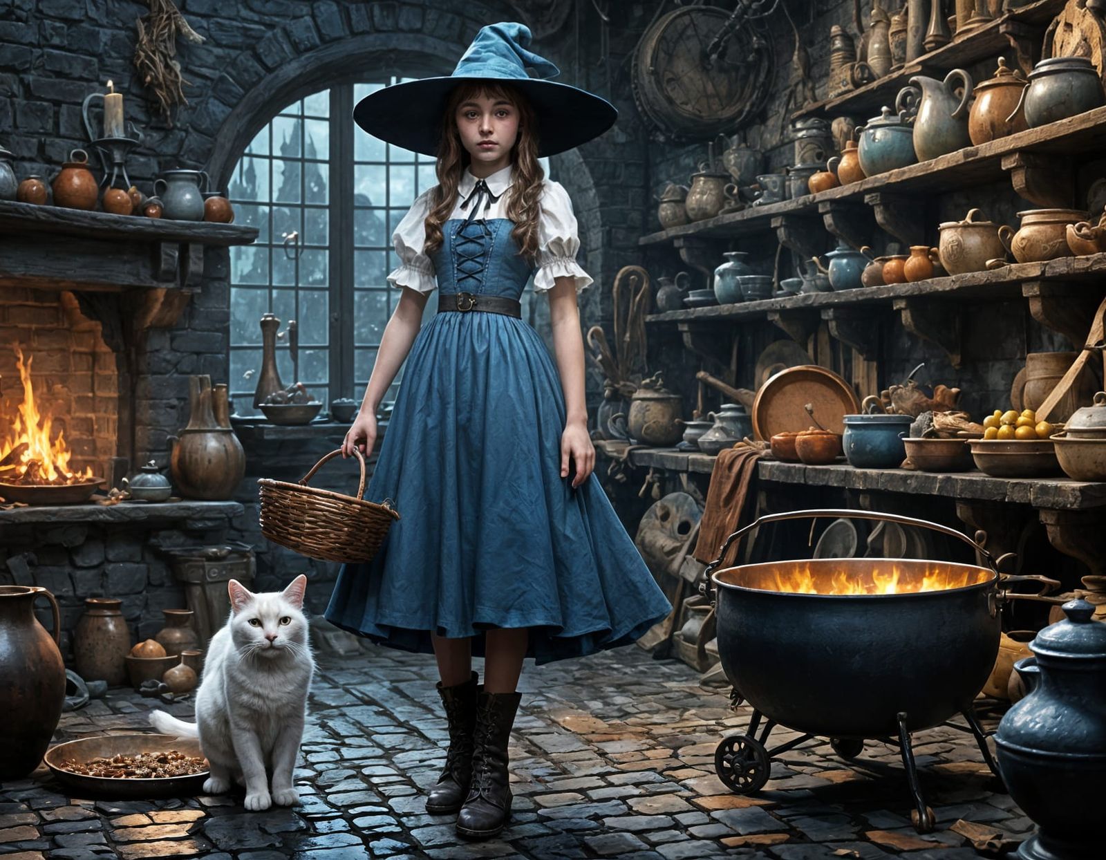 Young Witch with Cat and Feegles, Fantasy Art