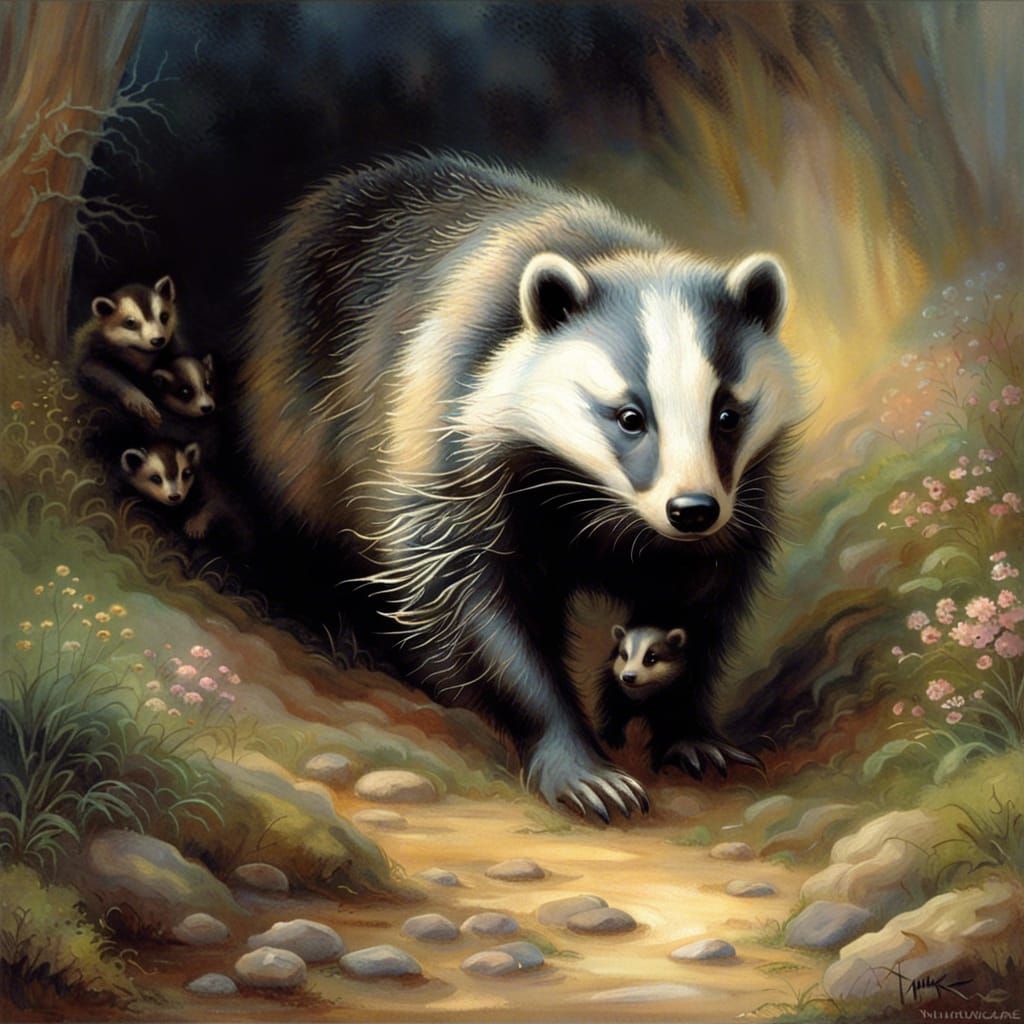 Badger Family Leaving Den in Ethereal Fantasy Style