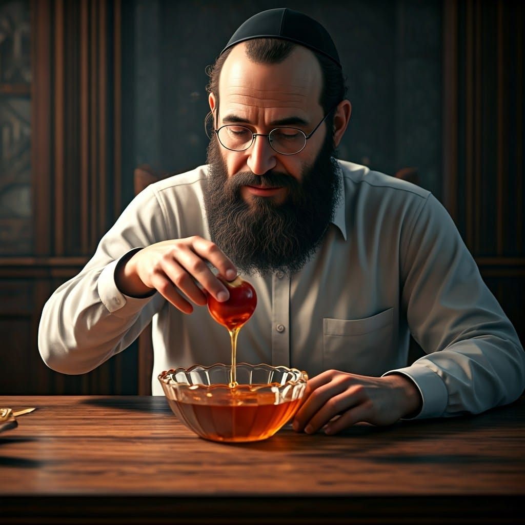 Ultra-Orthodox Jew Dipping Apple in Honey, 3D Render