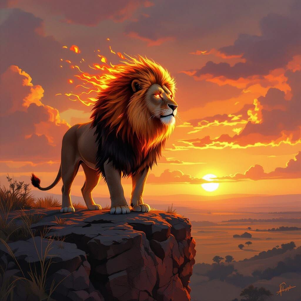 Lion with Flaming Mane Overlooking Savannah