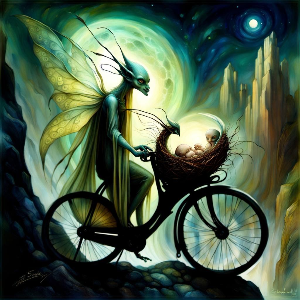 Moonlit Monster Family in Surrealist Bio-Architecture