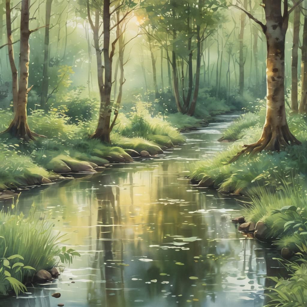 Whimsical Forest Stream in Watercolor Painting Style