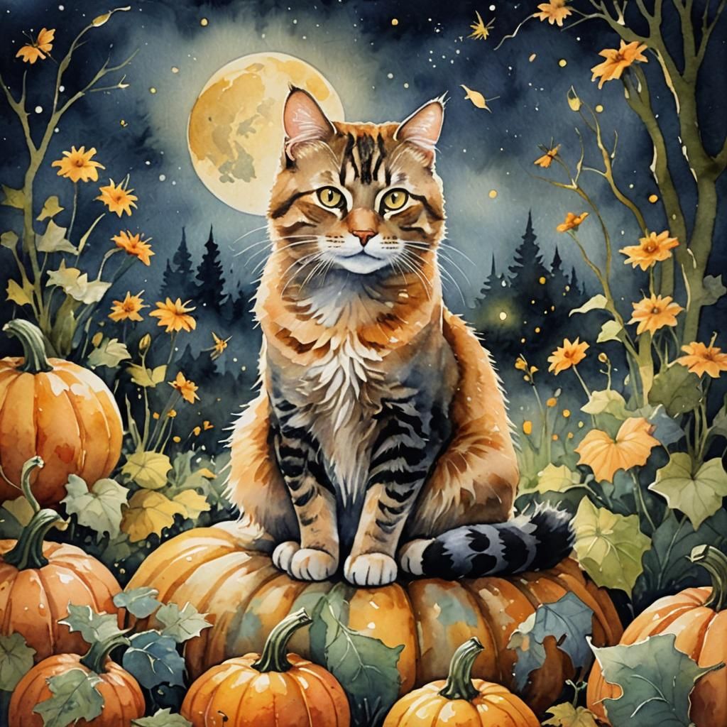 Cat on Pumpkin in Moonlit Garden: Impressionist Watercolor
