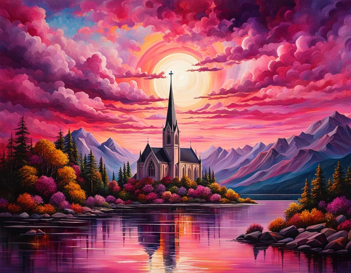 Gothic Church Reflected Under Pink Sky Illustration