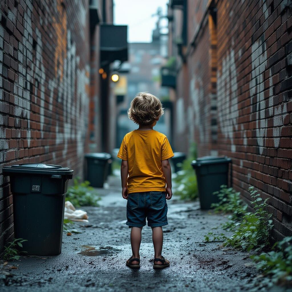 Lost Boy in Dim Alleyway: Somber Digital Art