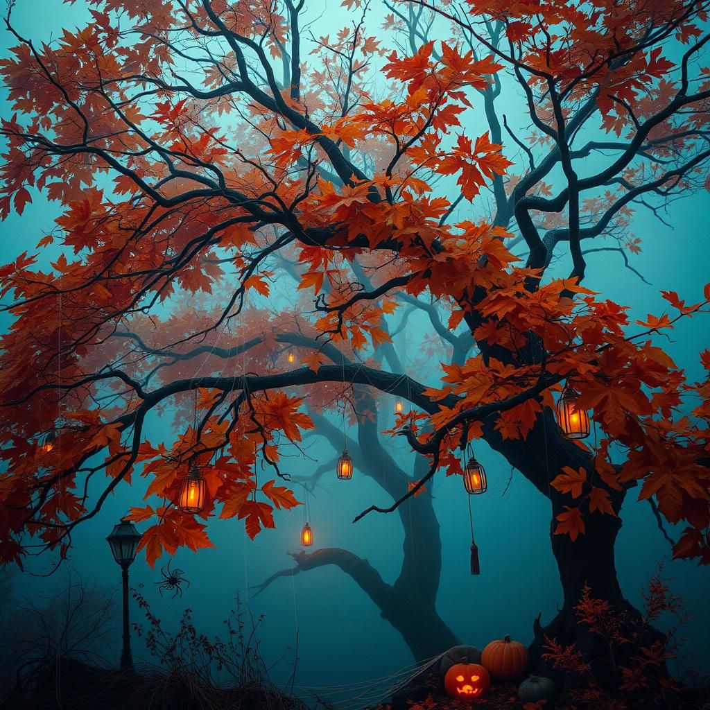 Ethereal Autumn Scene with Pumpkins