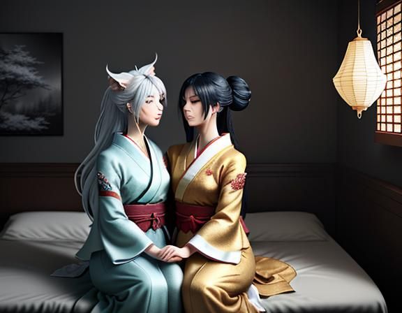 Two Kitsune Kissing in Manga-Inspired 3D Art