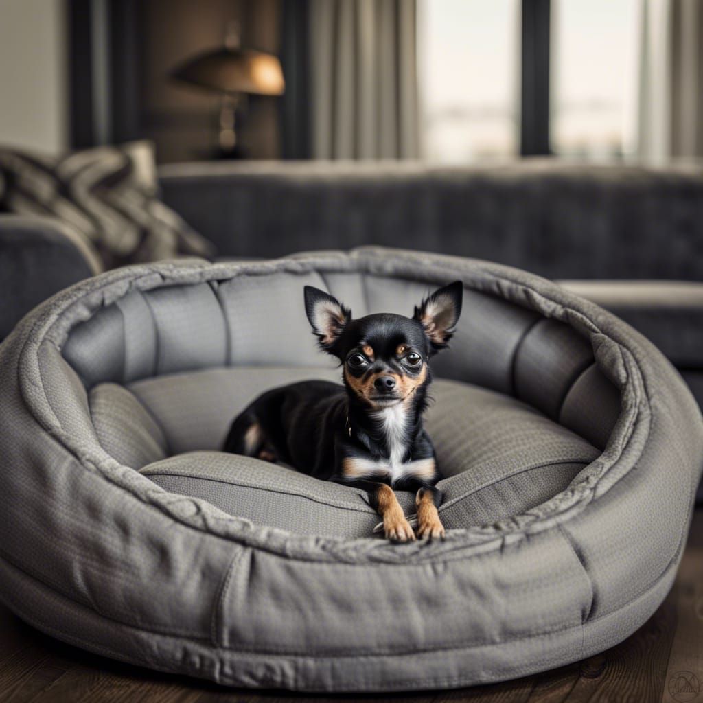 Hyperrealistic Chihuahua in Gray Dog Bed