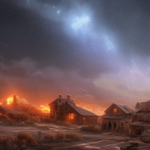 Starry Night Over Ghost Town, Hyperdetailed Digital Art