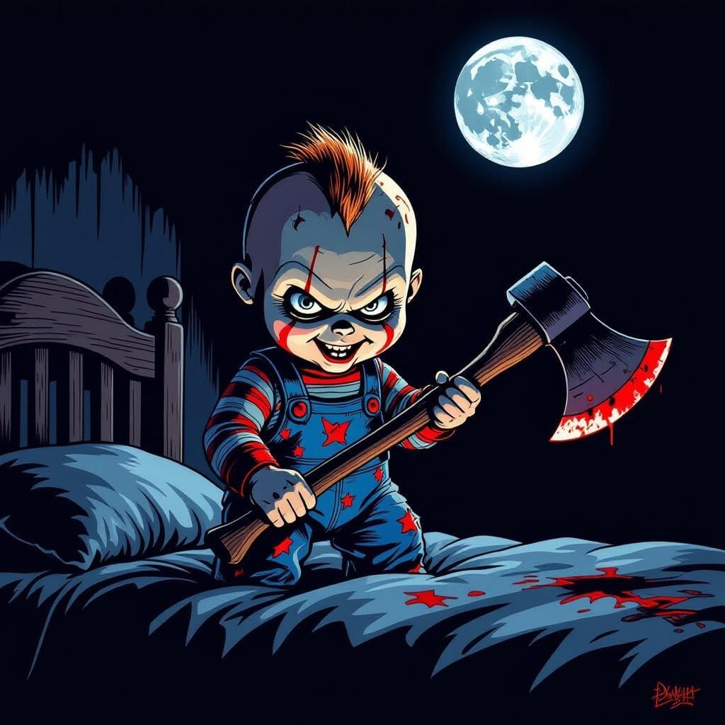 Menacing Bald Chucky Doll Lurking with Axe