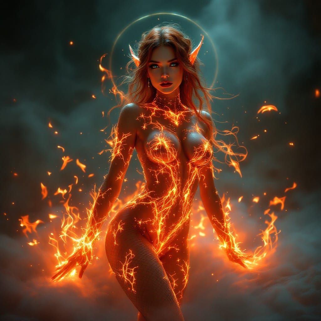 Sultry Fire Elf in Flames Woven Dress