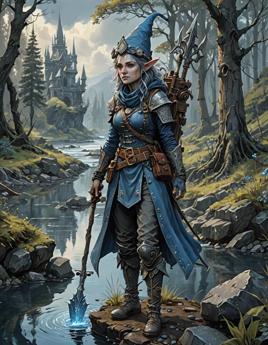 Forest Gnome Steampunk Tinkerer with Trident, Watercolor Art