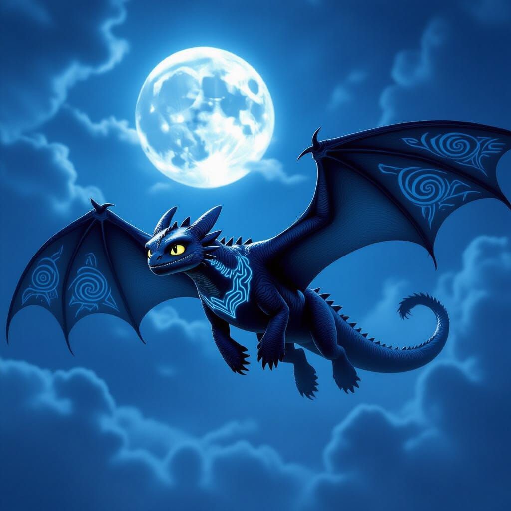 Night Fury Dragon Soaring Under Moonlight
