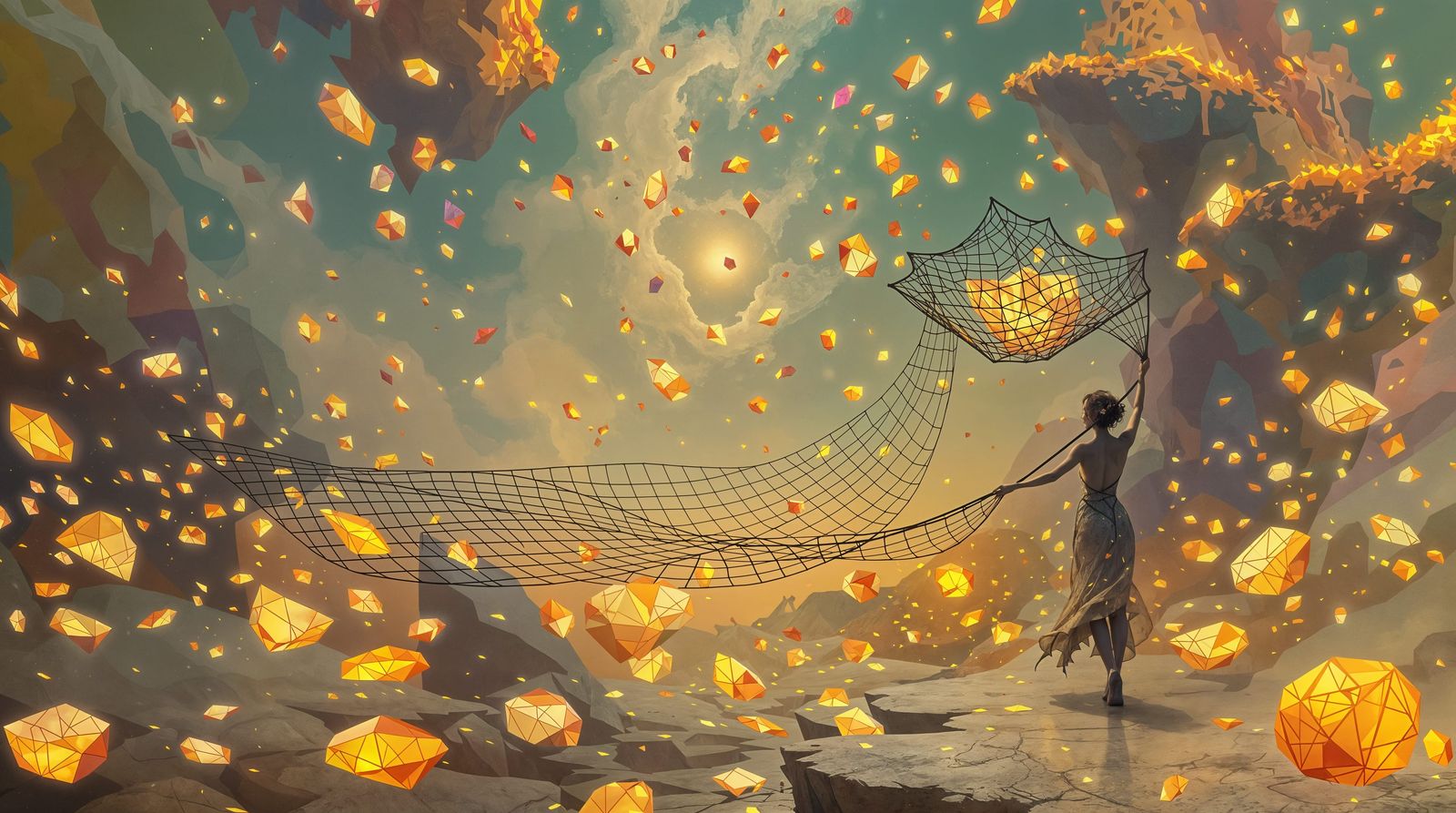 Surrealist Dreamscape Goddess Collects Shimmering Dream Frag...