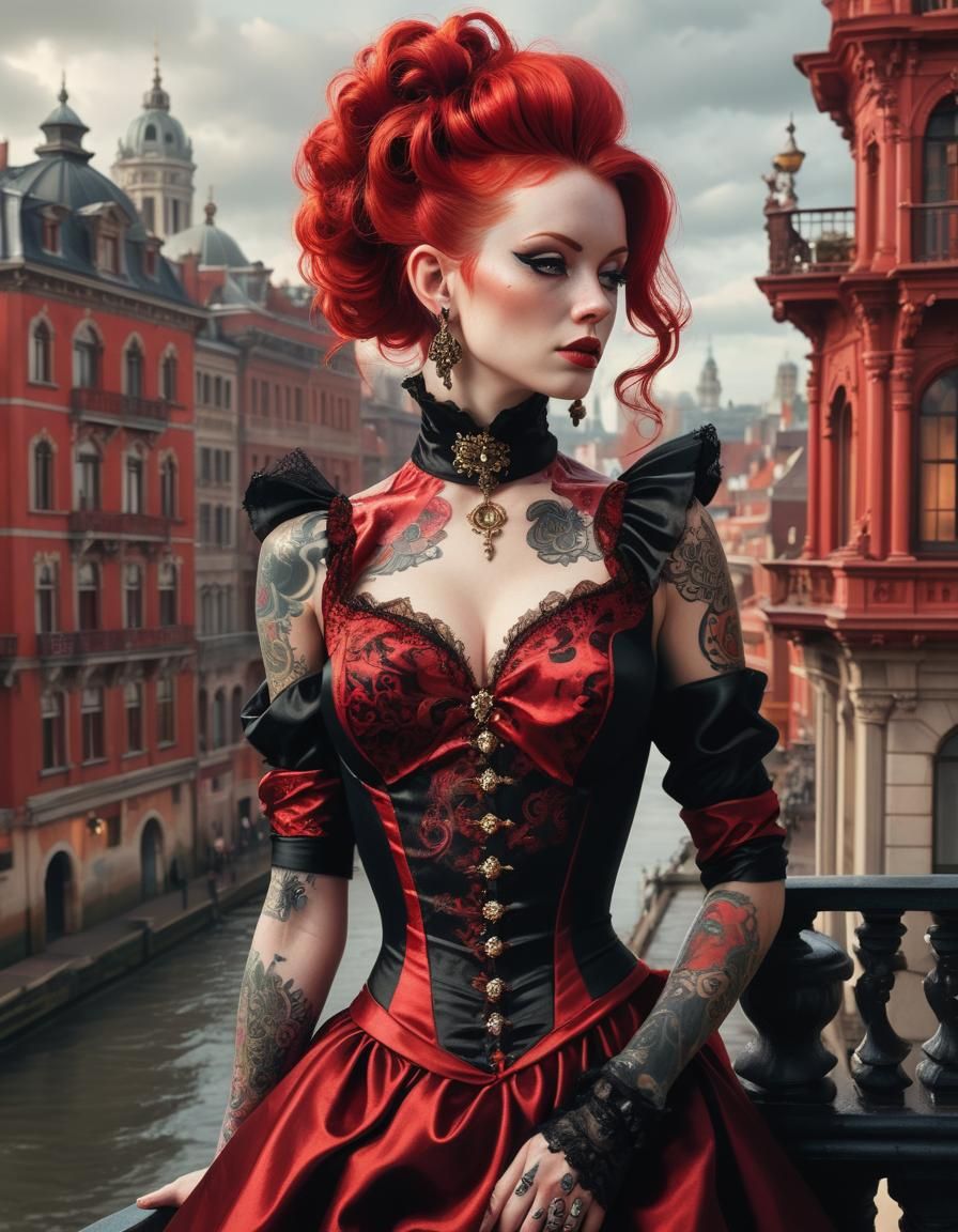 Rococo-punk woman adorned in a captivating red and black sat...