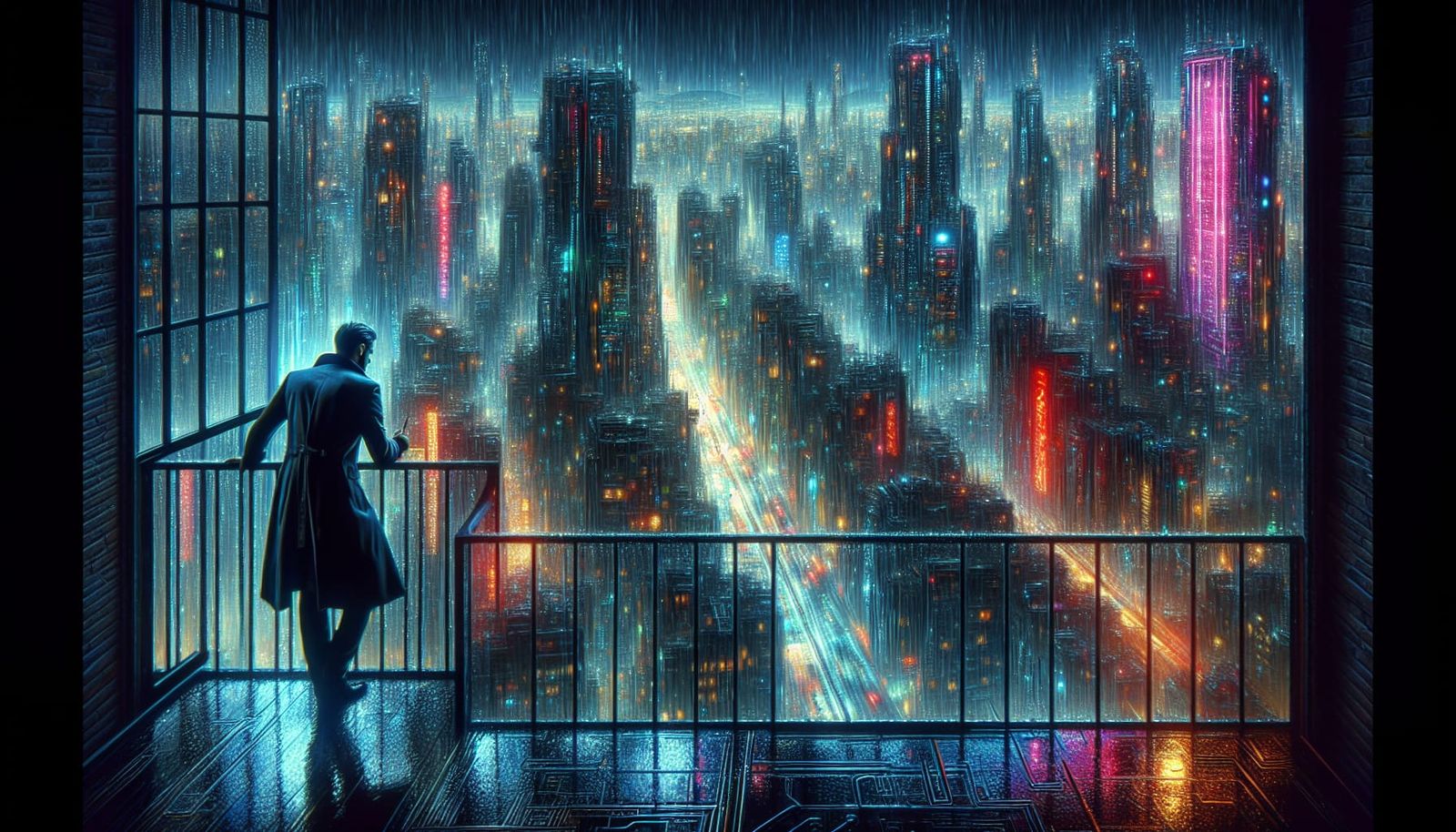 Noir Cityscape at Dusk in a Futuristic Metropolis