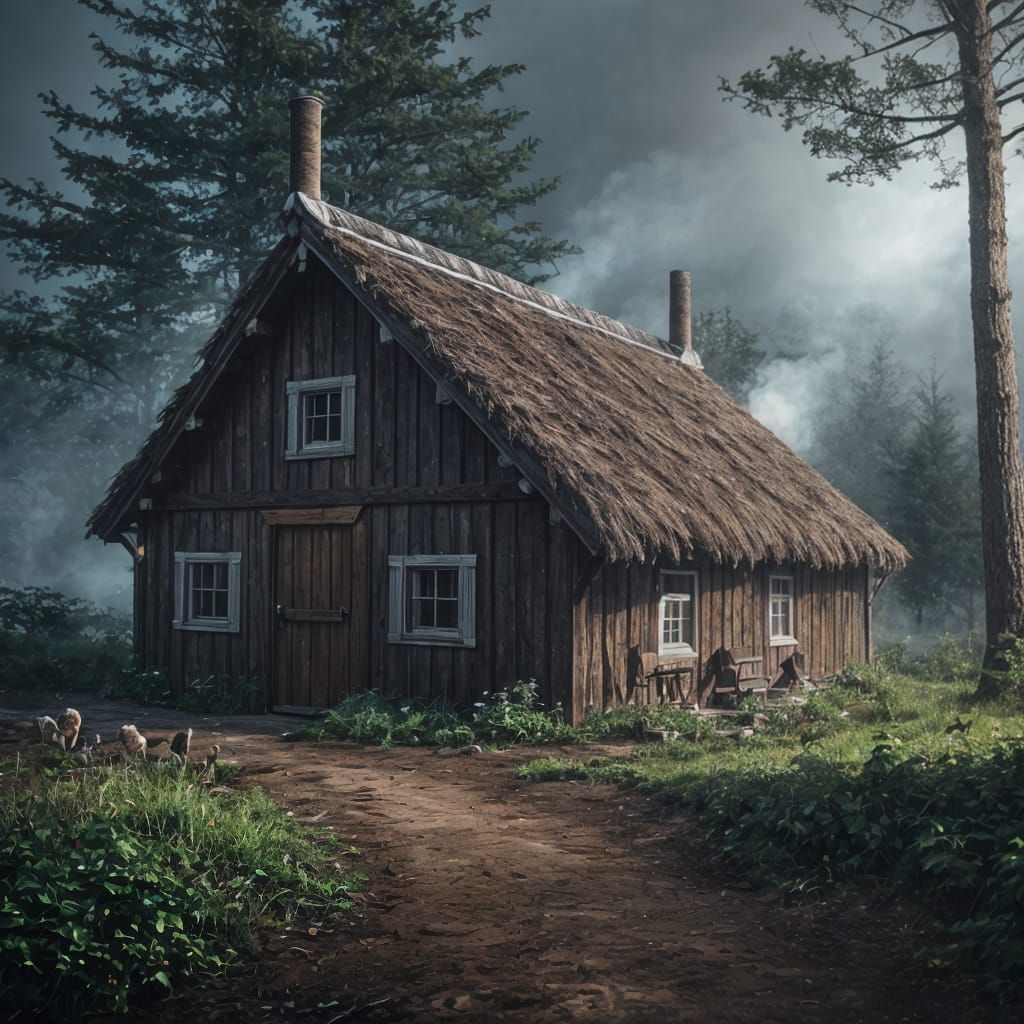 Medieval Viking Shed in Rainy Night Forest