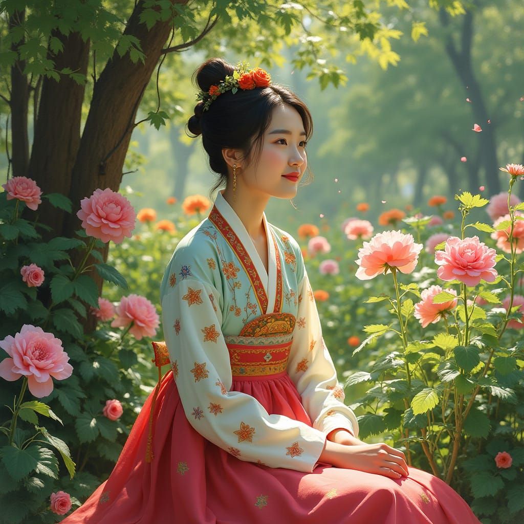 20대 한국 여성이 신비롭고 몽환적인 숲 오솔길을 걷고 있다.