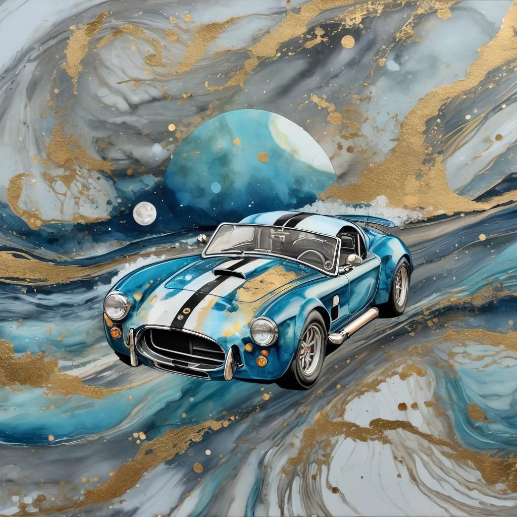 Shelby Cobra on Beach Road with Moon, Alcohol Ink Style