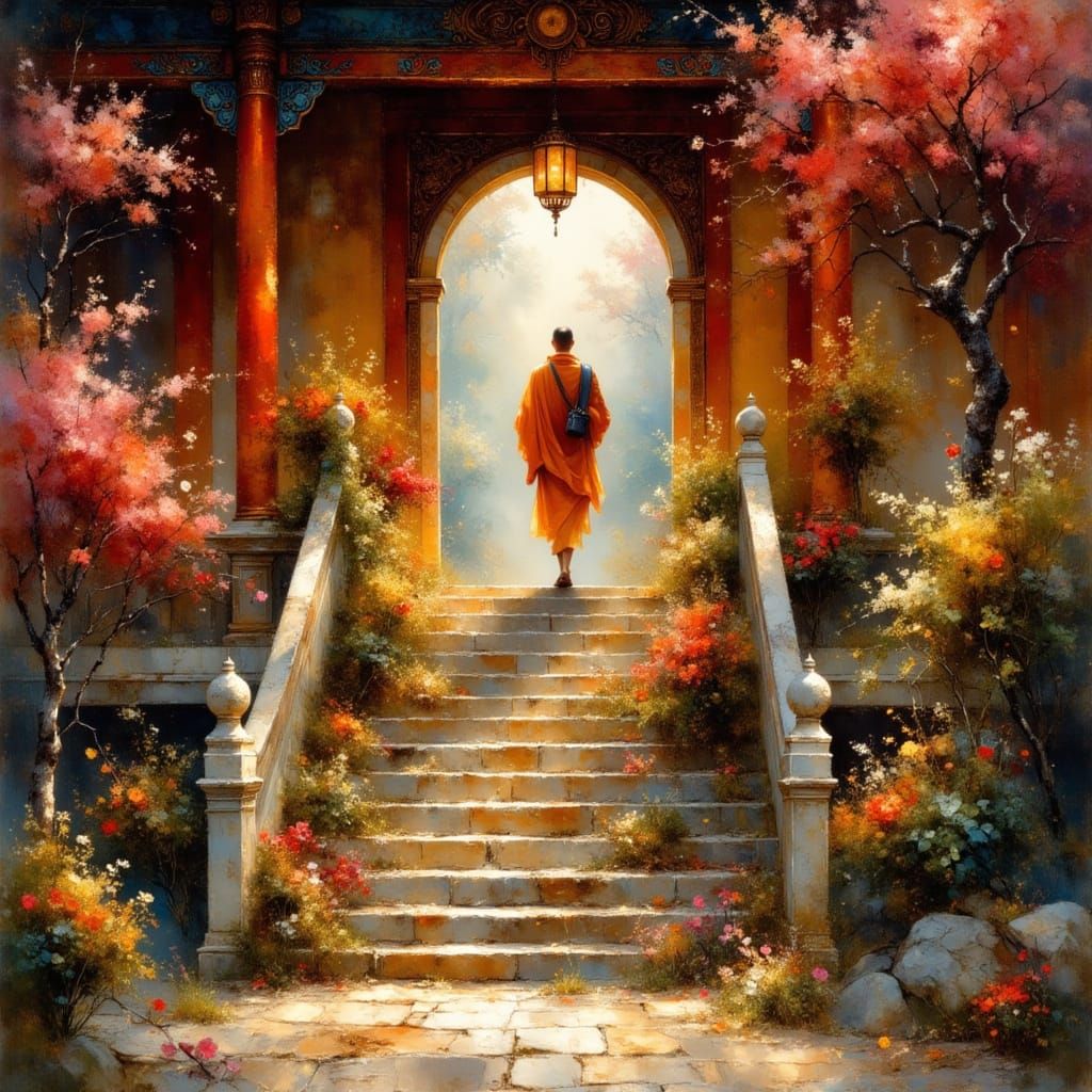 Monk Ascending Temple Steps in Spring Lantern Light