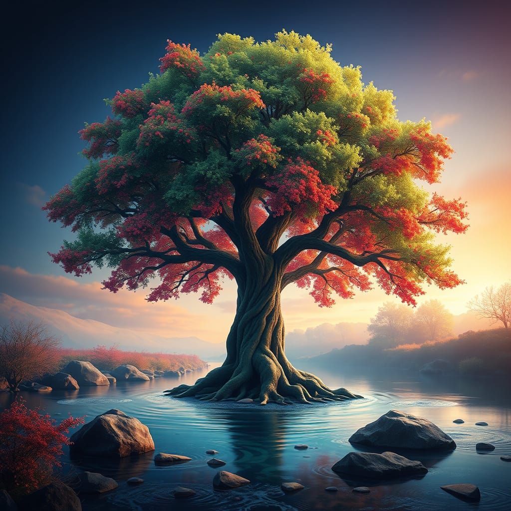 Tree of Life Rising from a Hidden Stream in Hyperrealistic S...