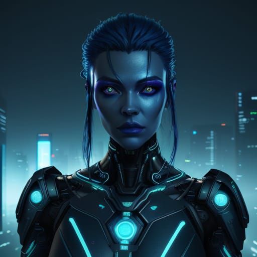 Cyberpunk Godhood: Neon Circuits in Futuristic Cityscape