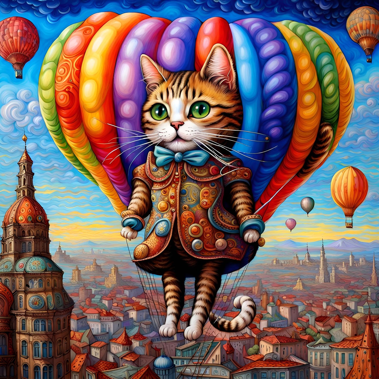Cat Balloon Floats Over City: Baroque Nouveau Style