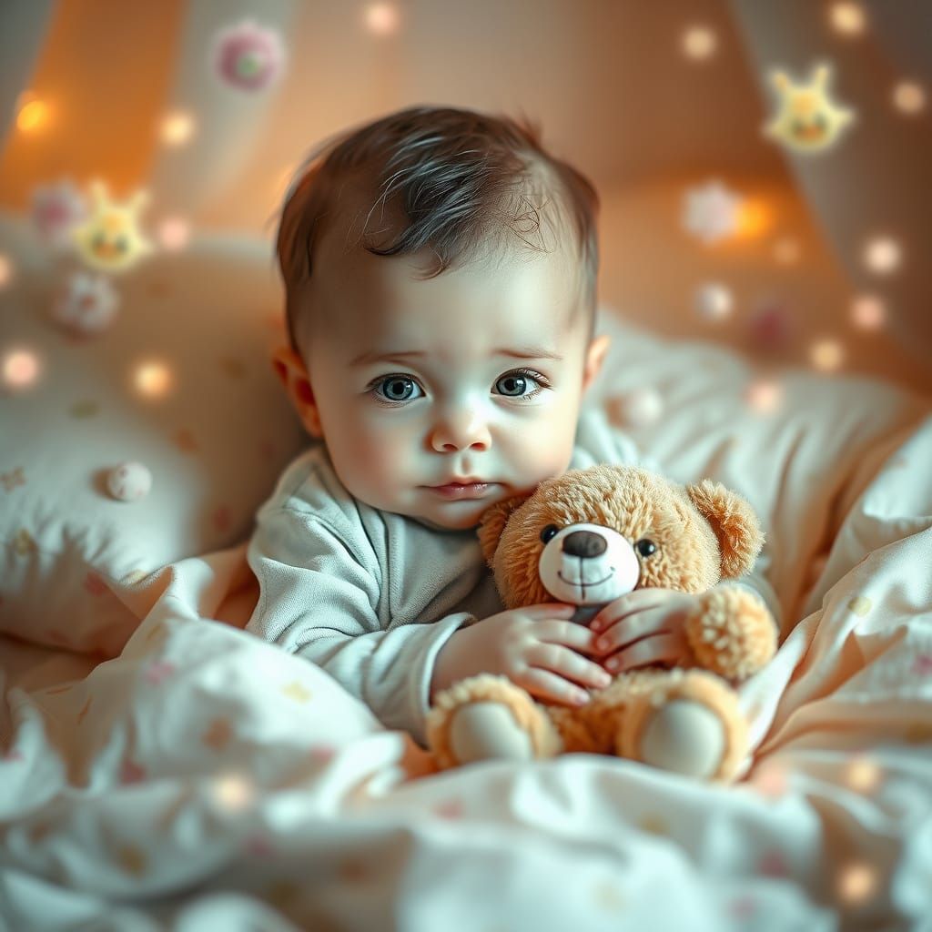 Baby Boy Plays With Teddy Bear in Dreamy Wonderland