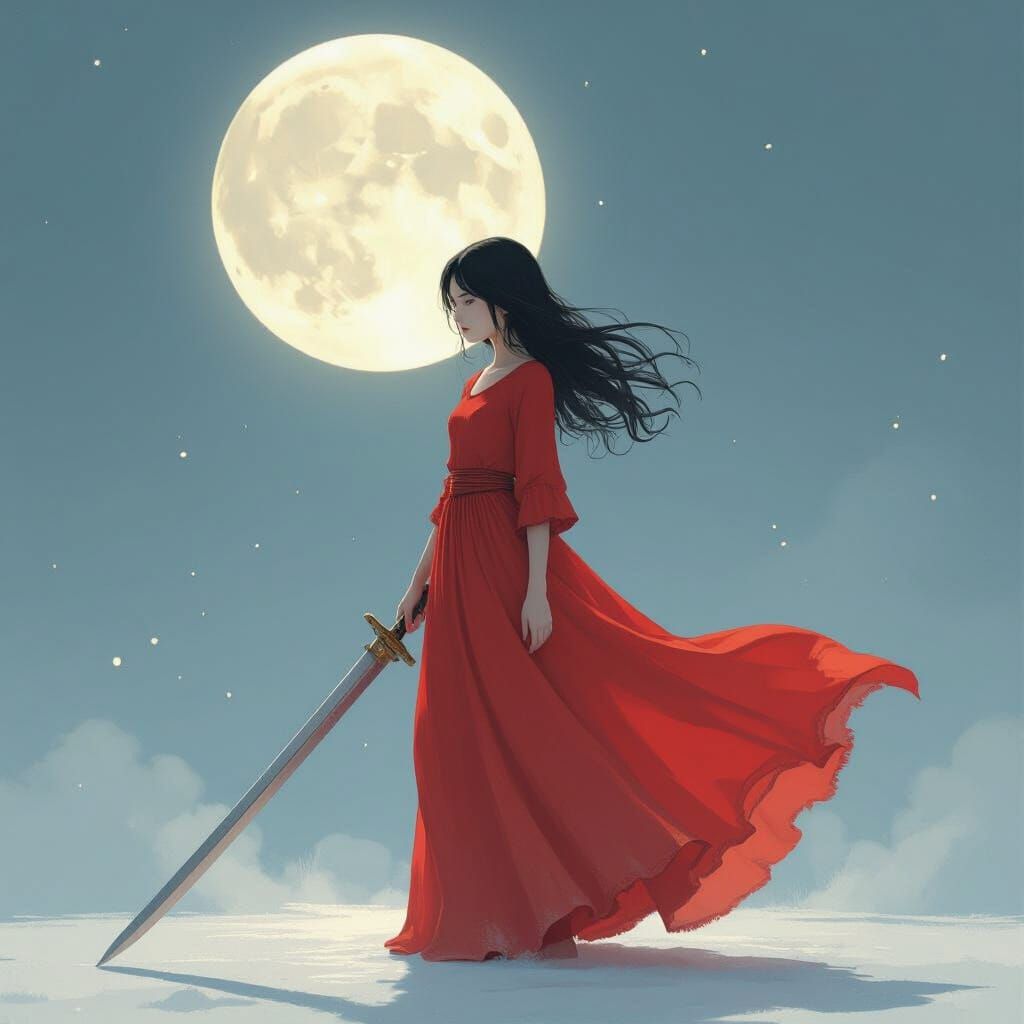 Faceless Girl with Sword in Moonlight, Digital Art