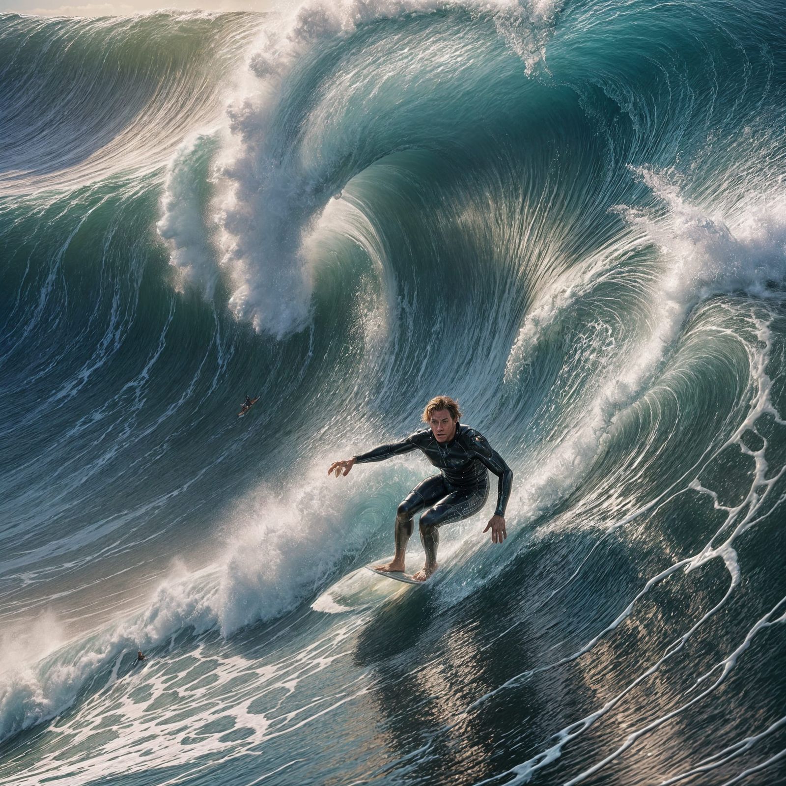 Surfer Confronts a Massive Wave in Photorealistic Style