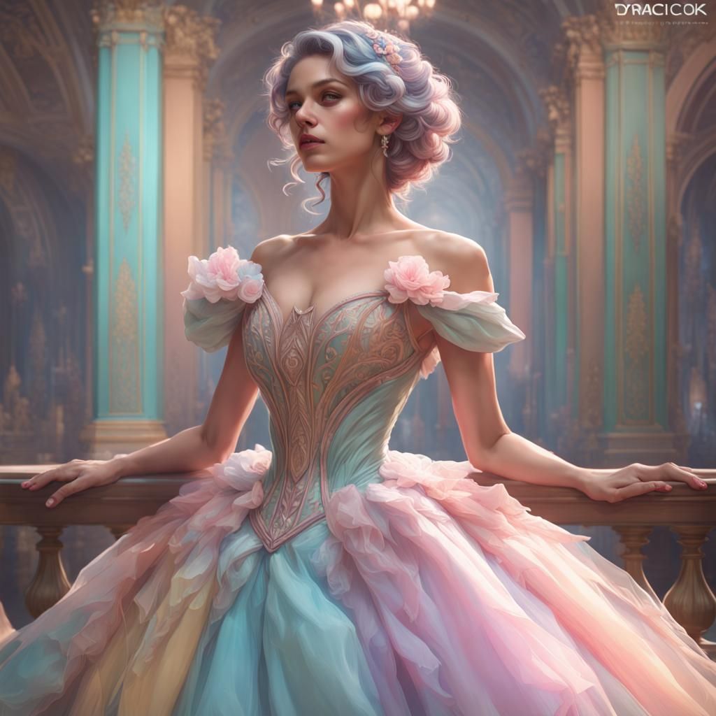 Pastel Ball Gown Portrait in Hyperdetailed Style