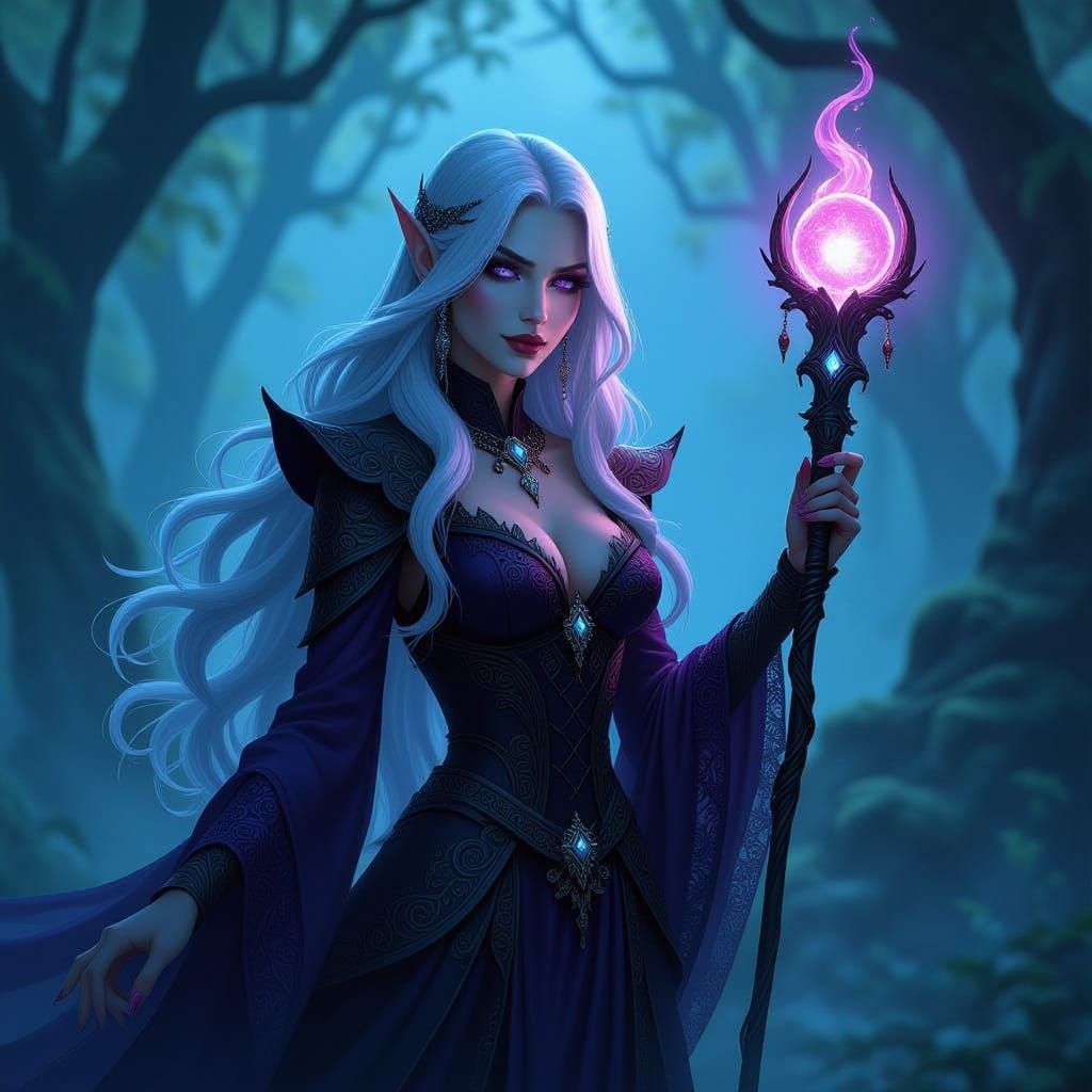 Drow Enchantress in Moonlit Forest