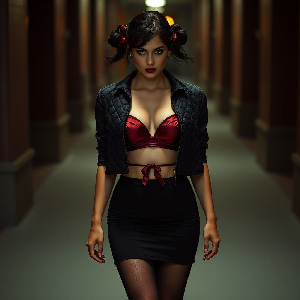 Green-Eyed Woman in Red Silk Bra, Film-Noir Style