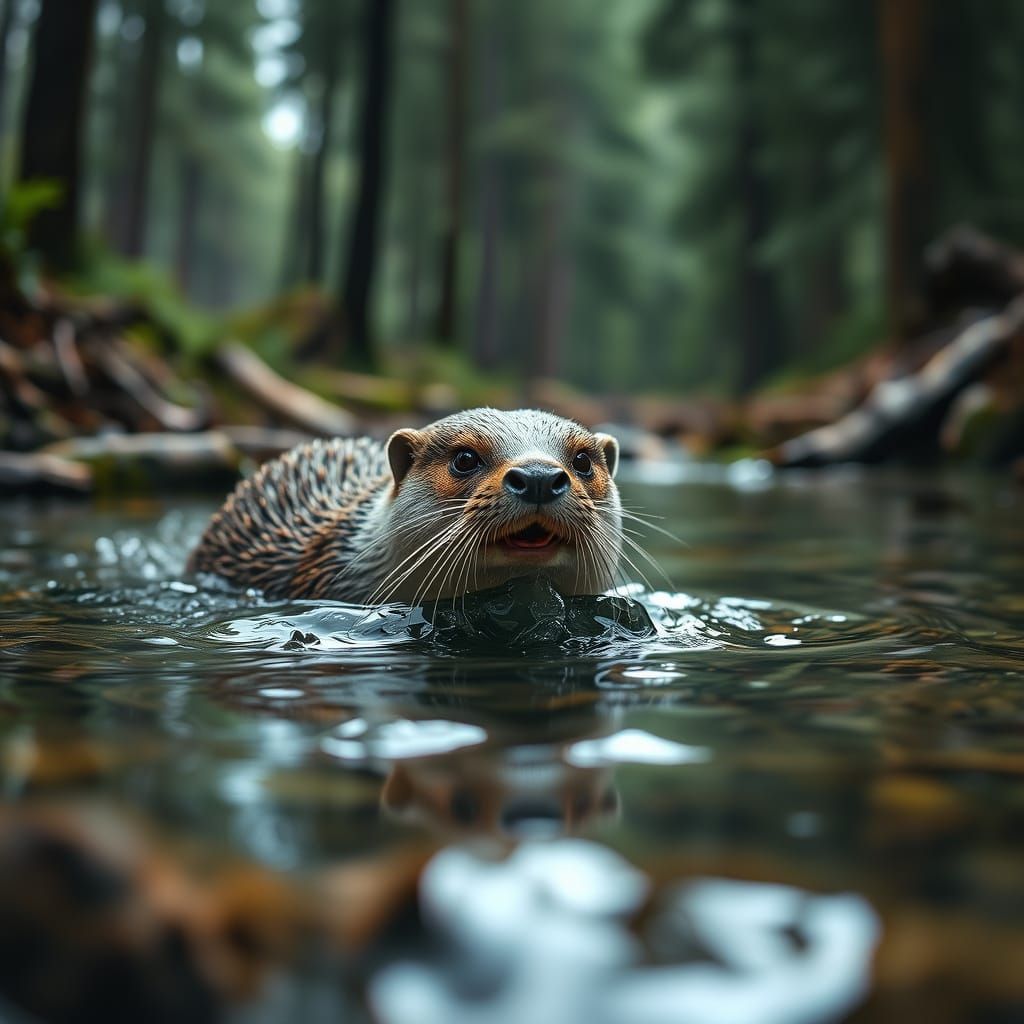 Otter in Moody Forest River Scene