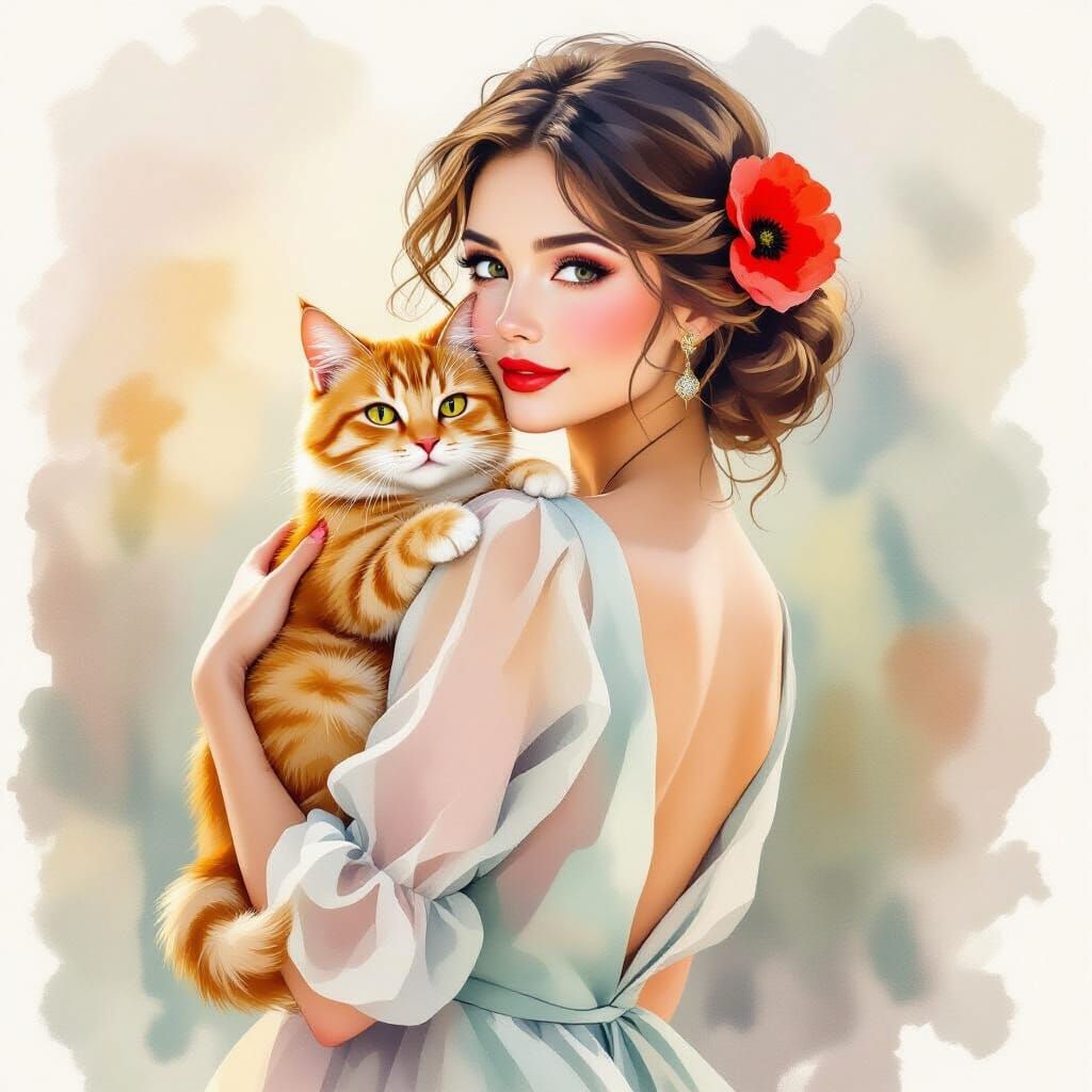 Lady with Poppy and Cat in Watercolor Style