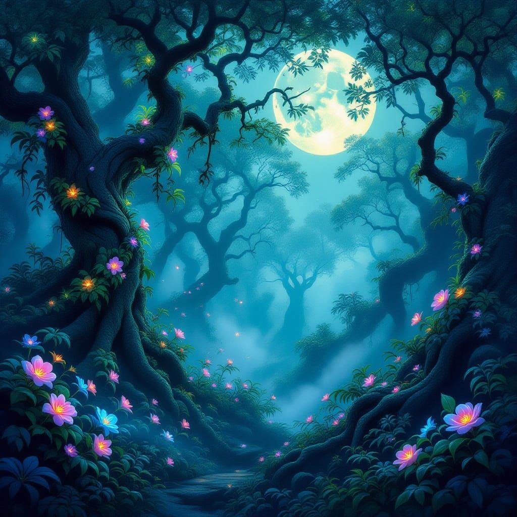Mystical Forest of Ethereal Moonlight and Bioluminescent Vin...