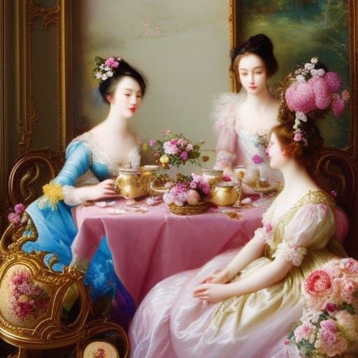Girls' Tea Party in Rococo Style with Roses