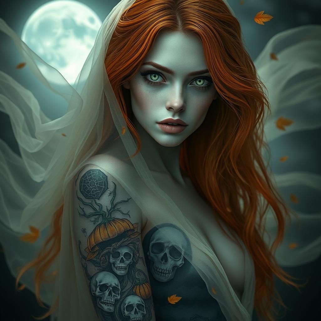Ethereal Halloween Goddess in an Autumn Landscape