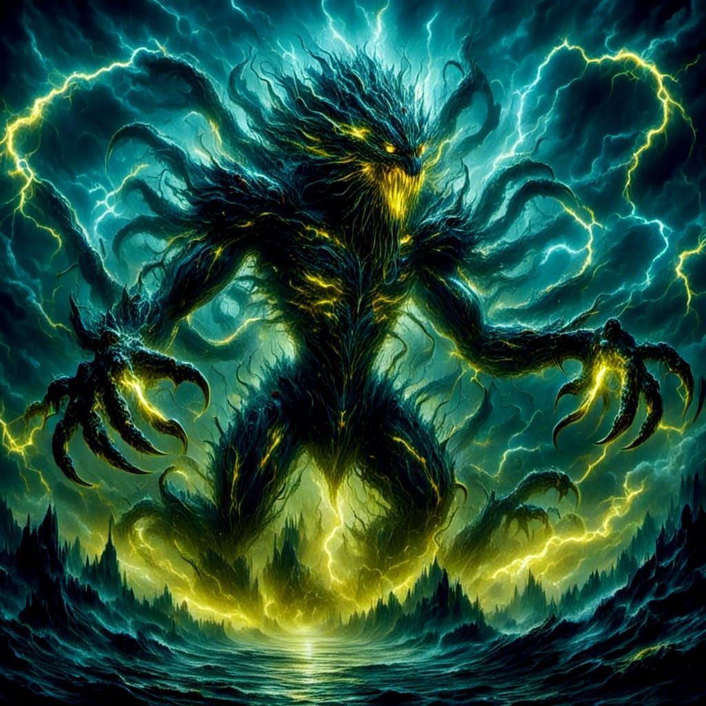 Monstrous Lightning Kaiju in Cosmic Horror Style