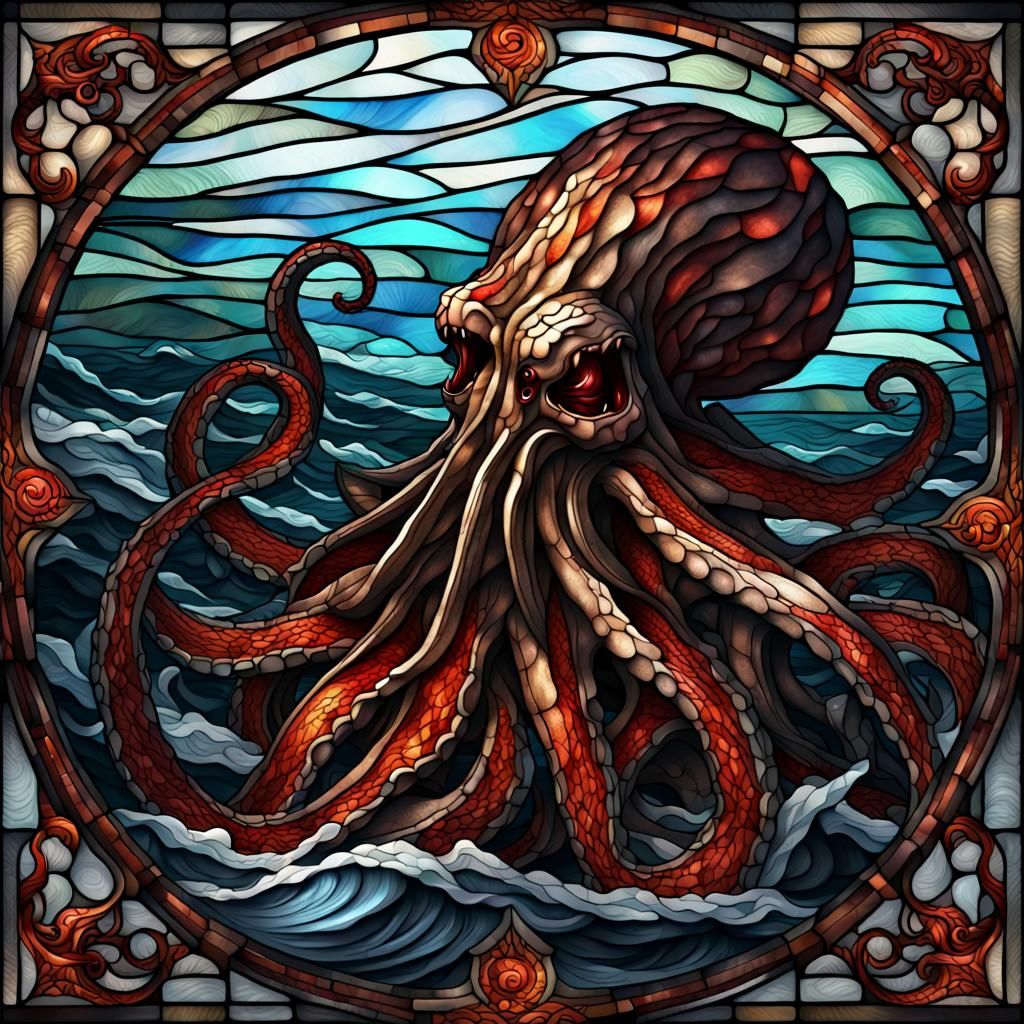 Stained Glass Kraken in Raging Sea 3D Render