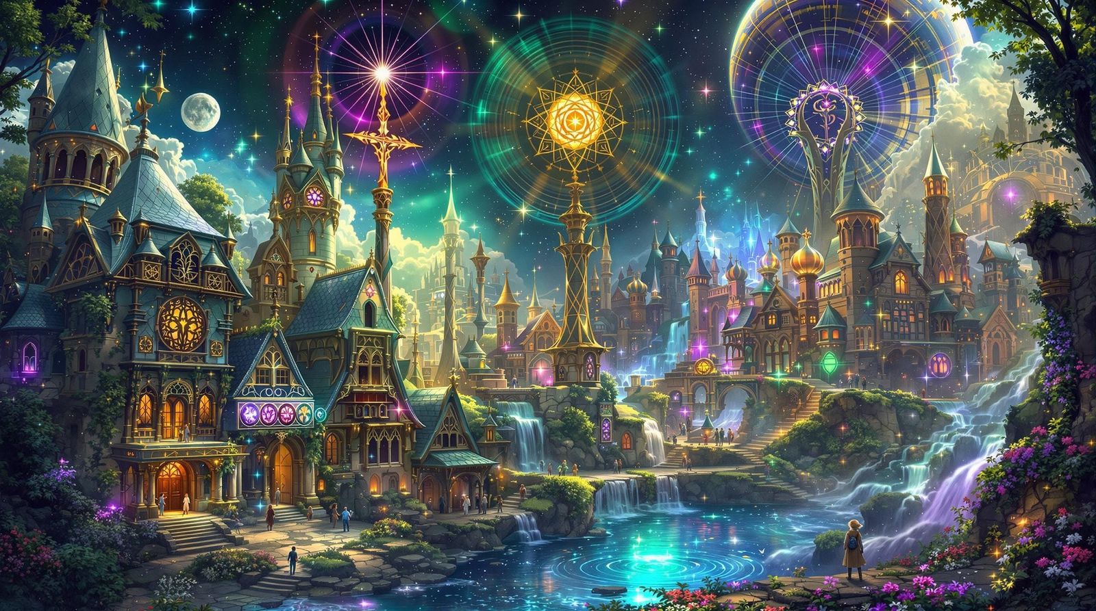 Mysterious Celtic Cityscape Fusion in Vibrant Utopia