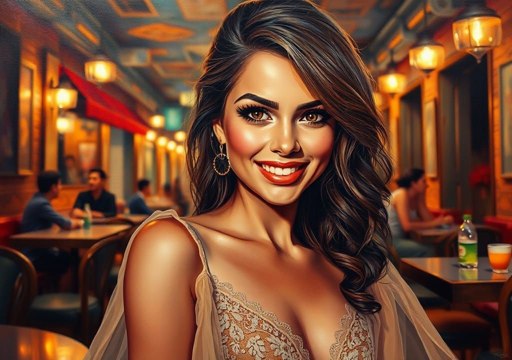 Elegant Woman in Havana Cafe: Impressionistic Oil Painting