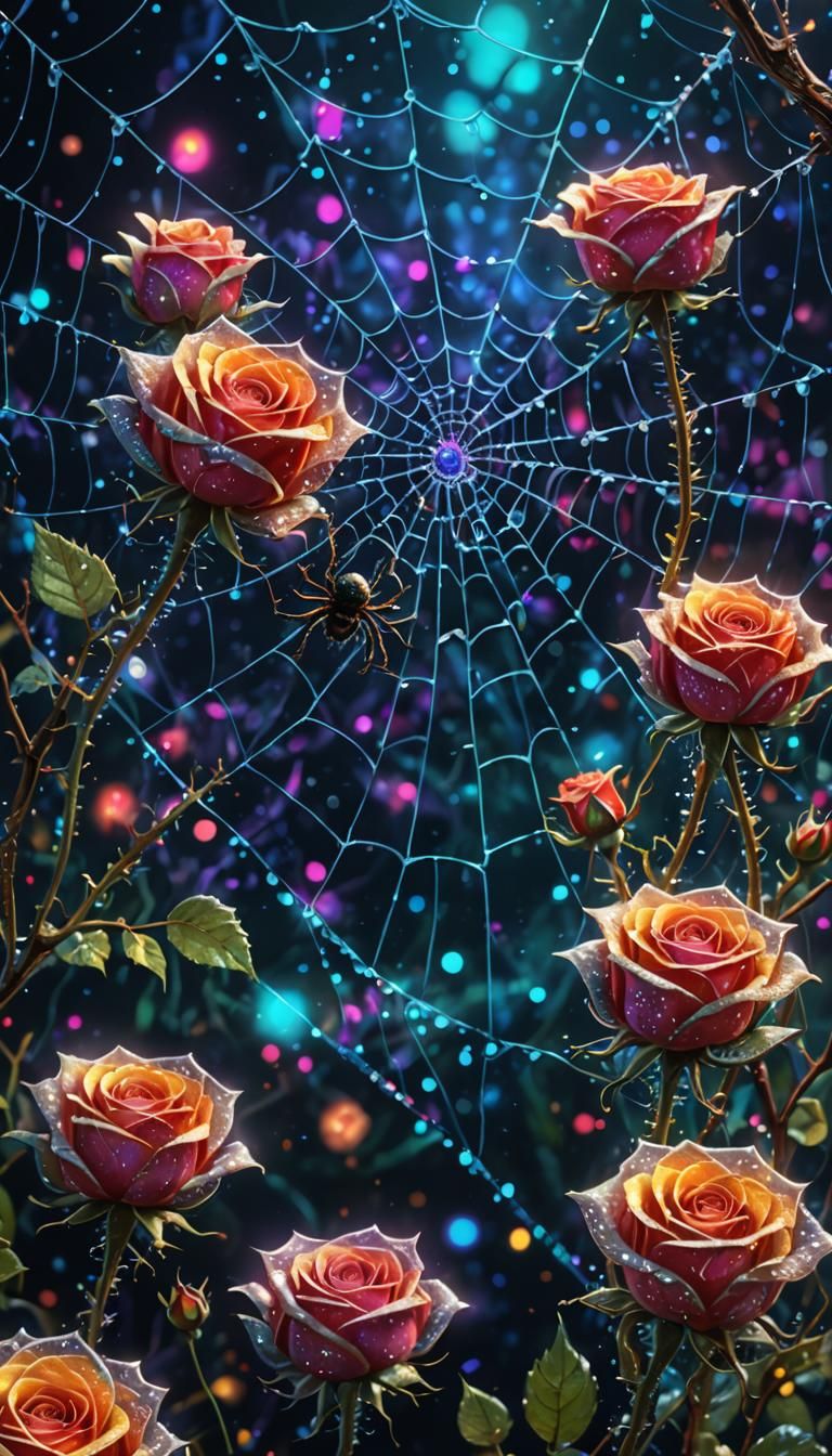 Surreal Glitter Roses and Spiders in Cosmic Web