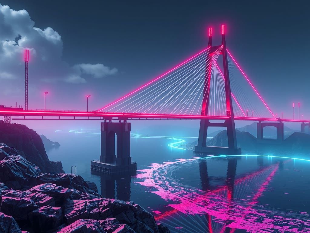 Cyberpunk Suspension Bridge Over Glowing River