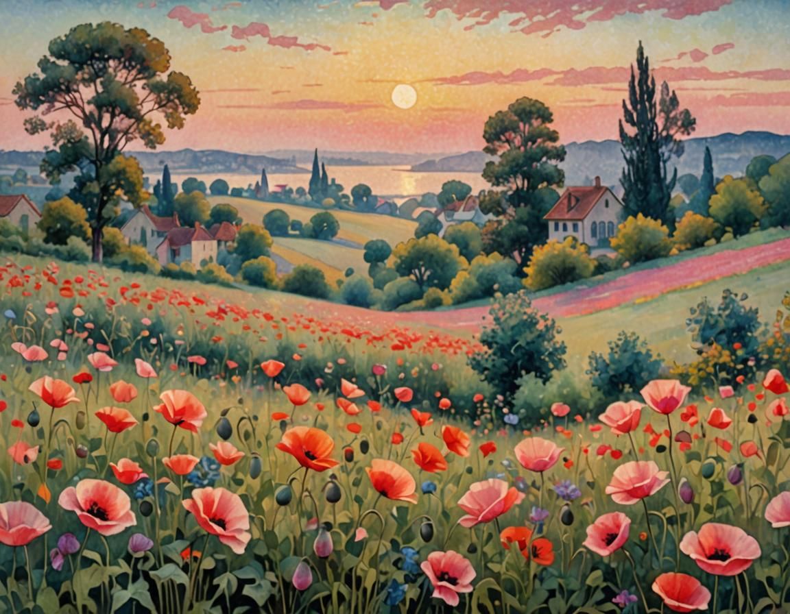 Poppy Field in Evening Light as Pointillist Painting