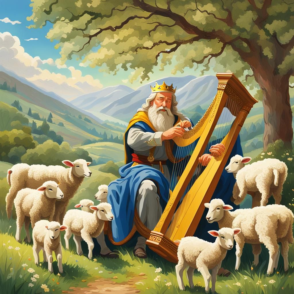 King David Plays Harp with Lambs in Nature