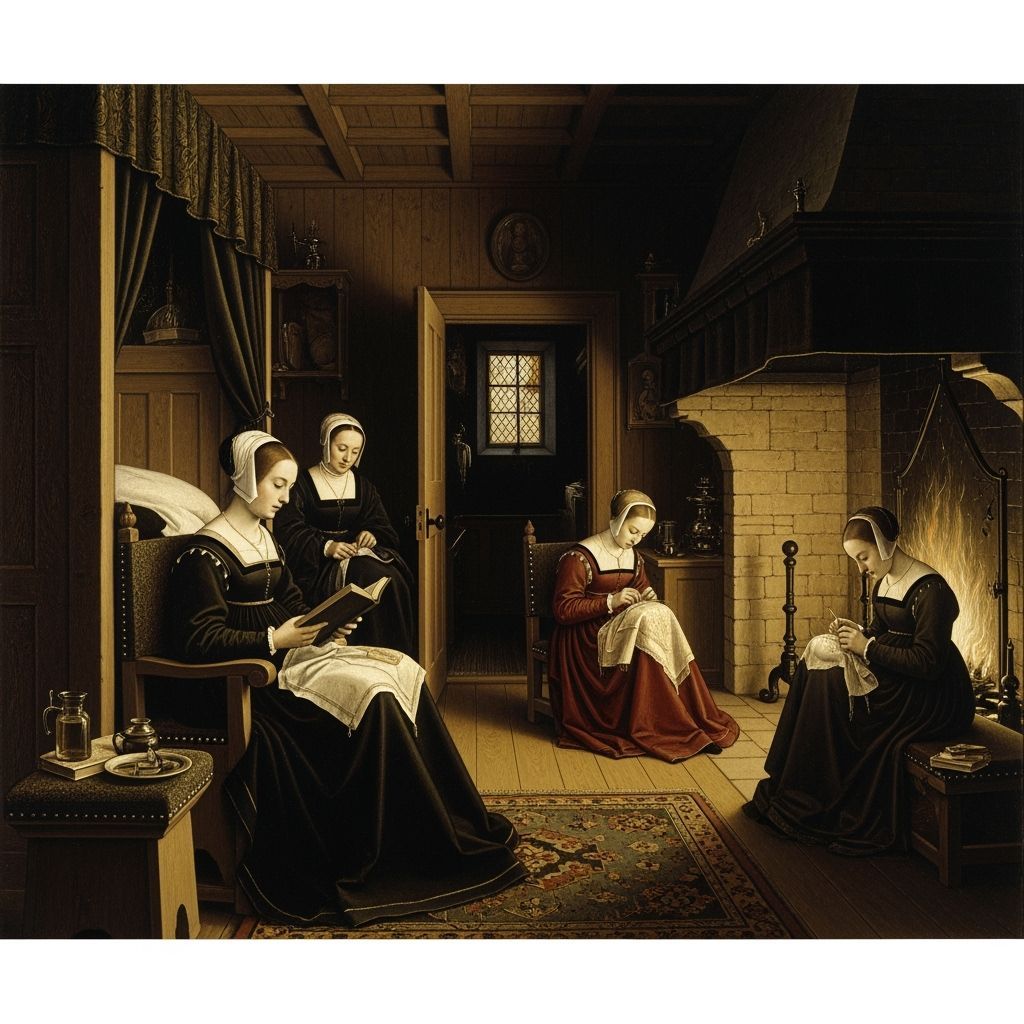 Tudor Noblewoman Reading in Chamber, Holbein Style