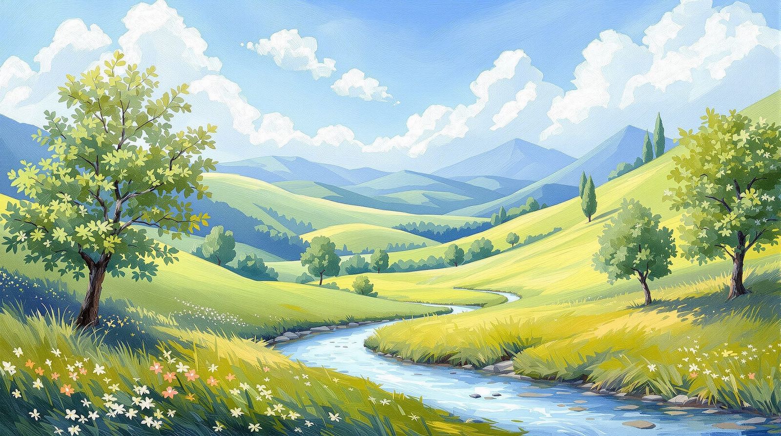 Rolling Hills Landscape in Impressionist Style